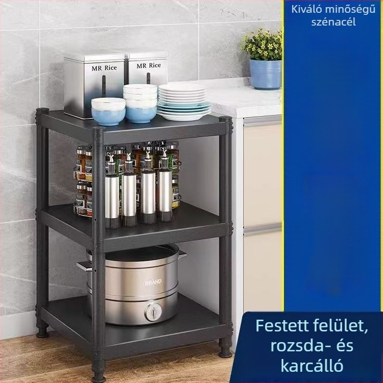 Fekete színű konyhai tárolóállvány szénacélból, többszintű, mikrohullámú sütőhöz és háztartási tároláshoz