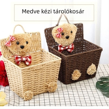Fali falra akasztható tárolókosár, medve alakú, rattanból szőtt, dekoratív rendező snackek és kozmetikumok számára