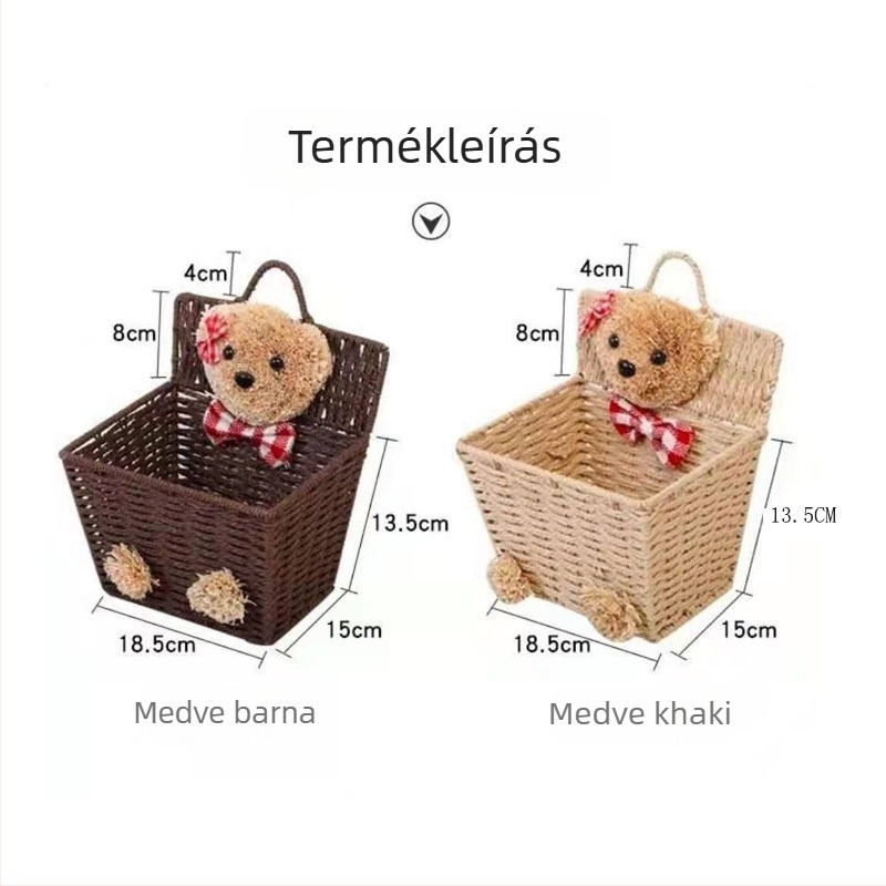 Fali falra akasztható tárolókosár, medve alakú, rattanból szőtt, dekoratív rendező snackek és kozmetikumok számára