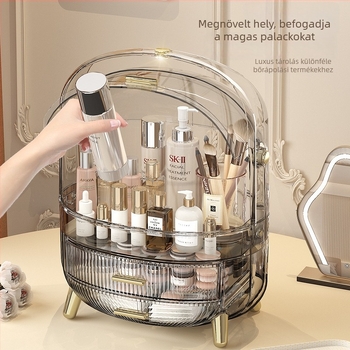 LED-es világítású kozmetikai tároló, nagy kapacitású asztali sminkrendező, akrilból