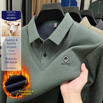 Téli rétegzett hatású galléros póló fleece-béléssel, középkorú férfiaknak, egyszerű, lezser stílusú meleg