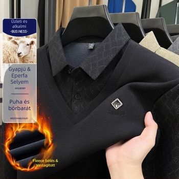 Téli rétegzett hatású galléros póló fleece-béléssel, középkorú férfiaknak, egyszerű, lezser stílusú meleg