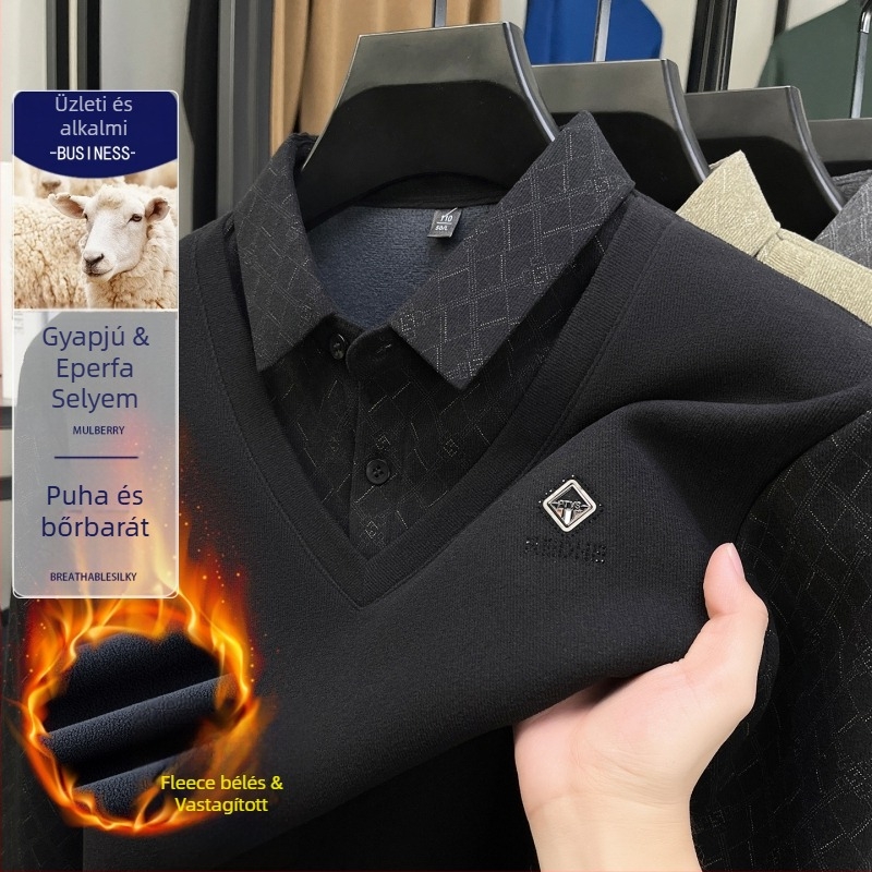 Téli rétegzett hatású galléros póló fleece-béléssel, középkorú férfiaknak, egyszerű, lezser stílusú meleg