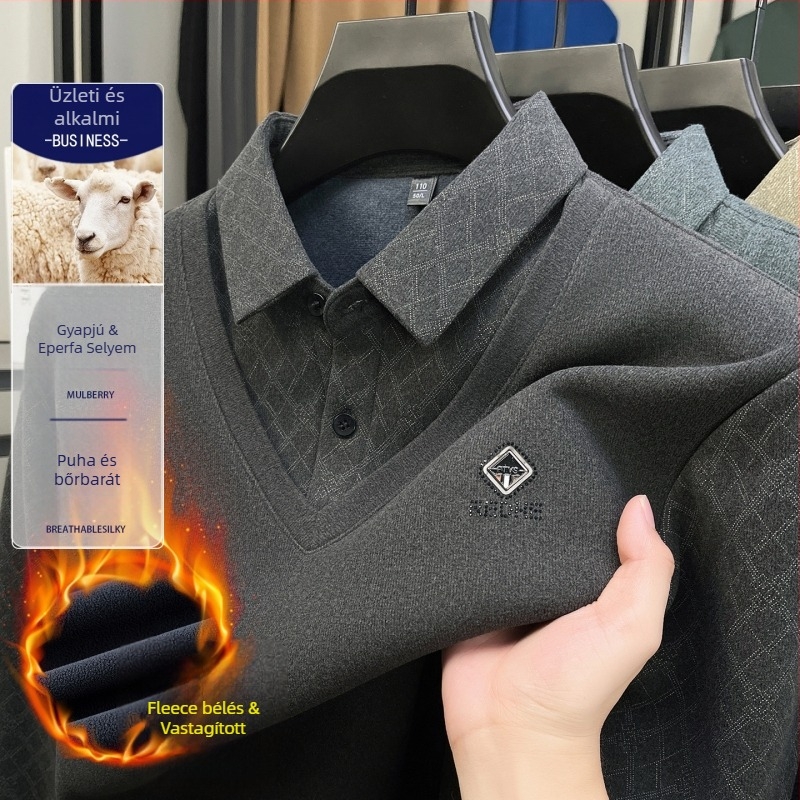 Téli rétegzett hatású galléros póló fleece-béléssel, középkorú férfiaknak, egyszerű, lezser stílusú meleg