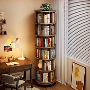 Kör alakú tömörfa forgó könyvespolc sarokba, falra szerelhető, levehető gyerekek könyvespolca, 360°-os forgás