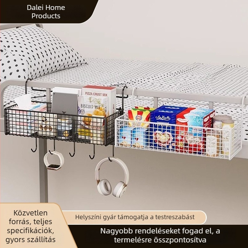 Ágy melletti falra szerelhető vasból készült tárolókosár – kollégiumi szoba