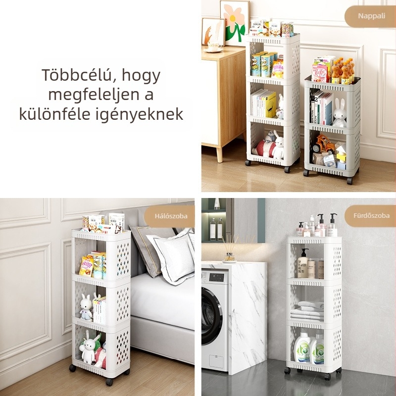Mozgatható snack tároló kocsi, több szintes polcokkal, padlóra álló, konyha, fürdőszoba és hálószoba számára