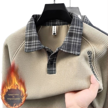 Férfi fleecével bélelt kötött pulóver, divatos, casual meleg alapréteg jacquard mintával, két részes hatás