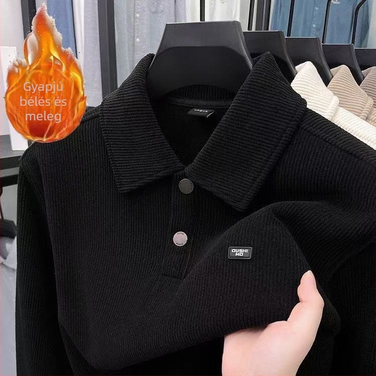 Férfi fleecével bélelt kötött pulóver, divatos, casual meleg alapréteg jacquard mintával, két részes hatás