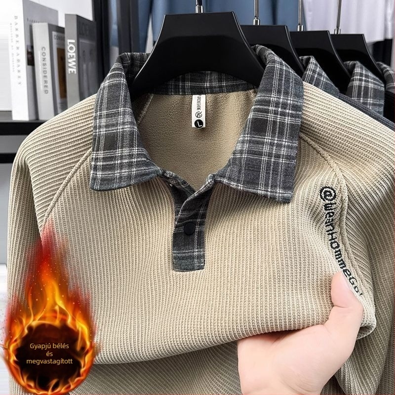 Férfi fleecével bélelt kötött pulóver, divatos, casual meleg alapréteg jacquard mintával, két részes hatás
