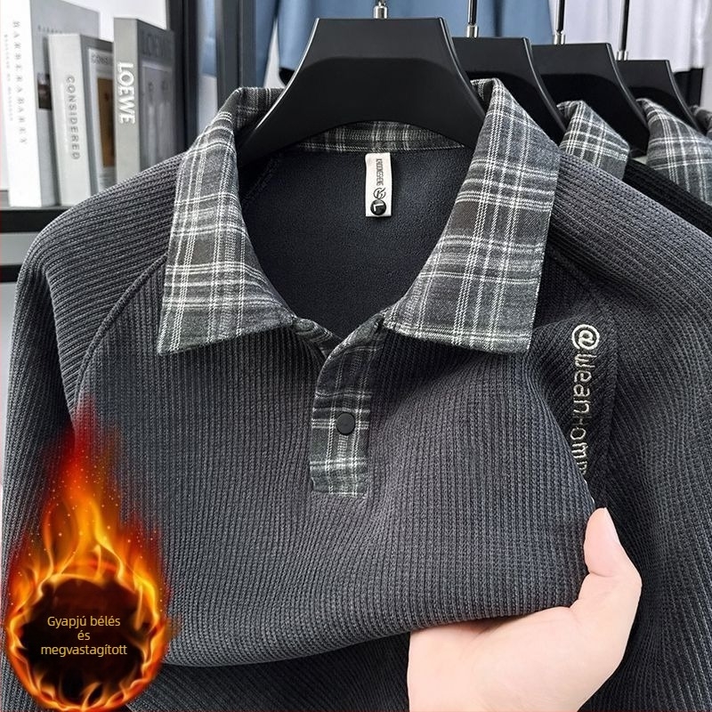 Férfi fleecével bélelt kötött pulóver, divatos, casual meleg alapréteg jacquard mintával, két részes hatás