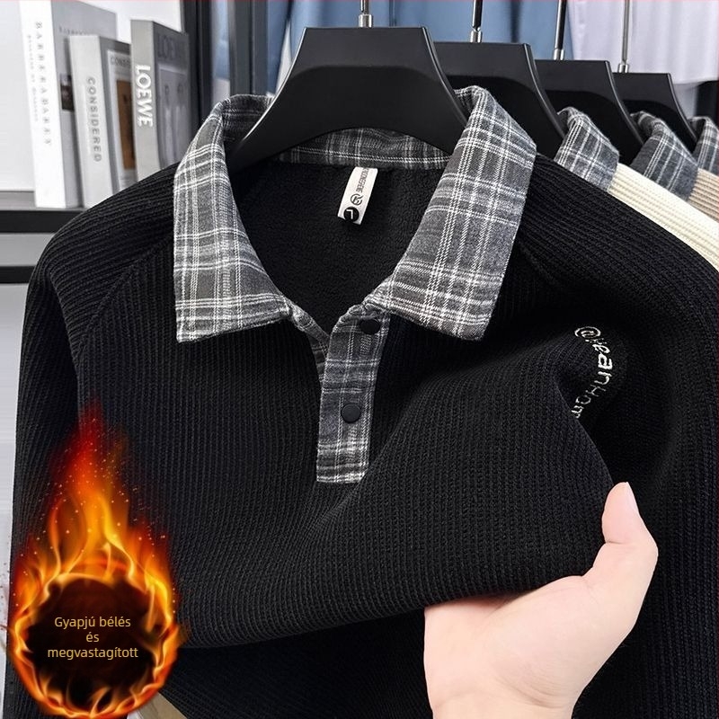 Férfi fleecével bélelt kötött pulóver, divatos, casual meleg alapréteg jacquard mintával, két részes hatás