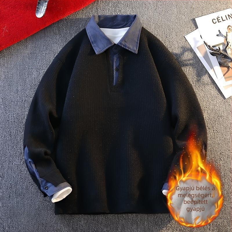Férfi téli kötött pulóver galléros, fleece-béléssel, laza szabás