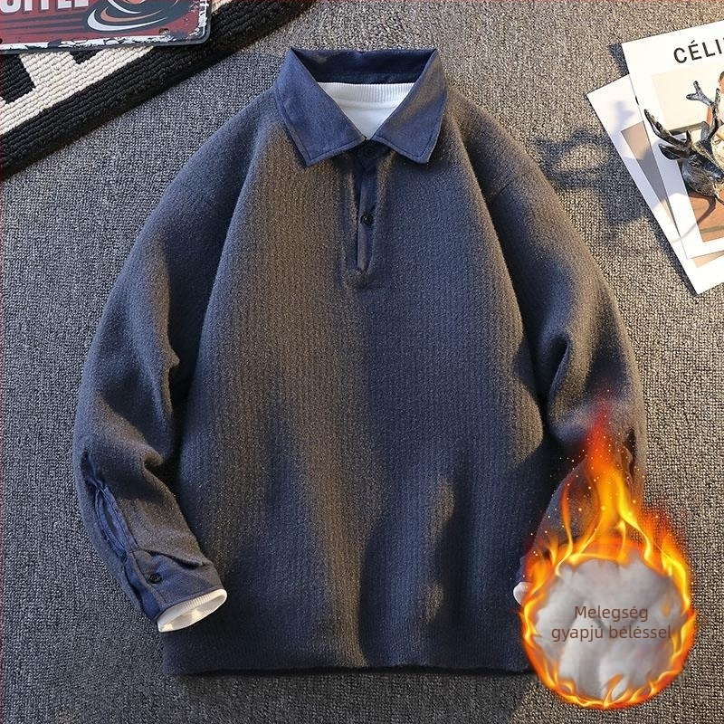 Férfi téli kötött pulóver galléros, fleece-béléssel, laza szabás