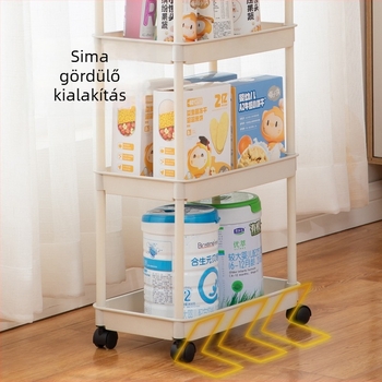 Műanyagból készült, görgőkkel ellátott, padlóra álló tároló kocsi, konyhába, fürdőszobába és uzsonnák tárolására