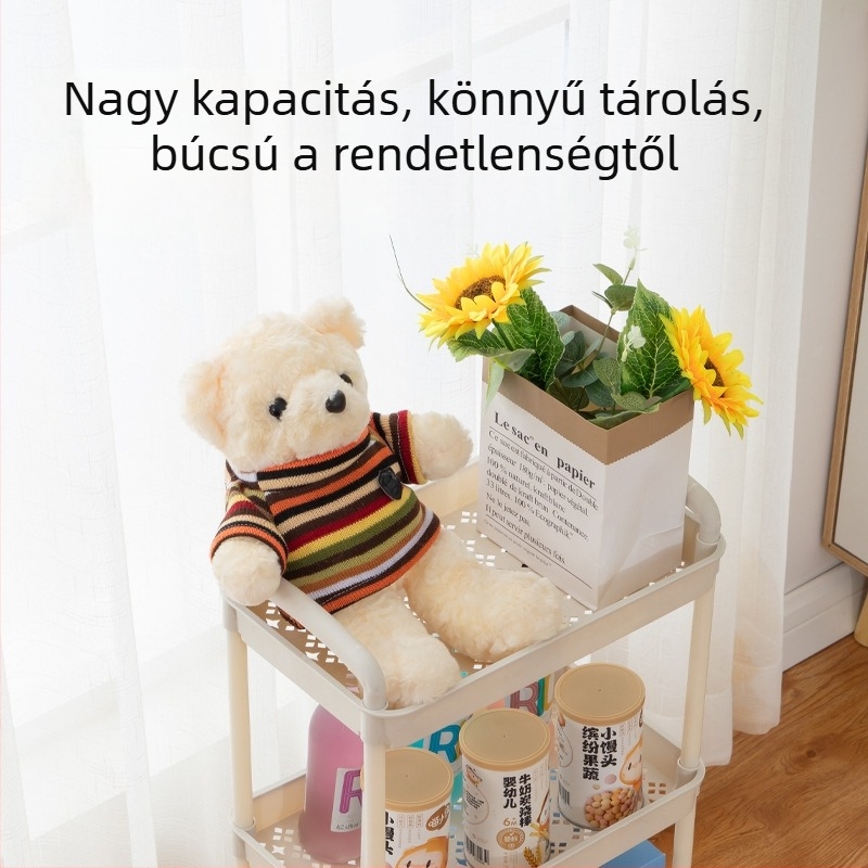 Műanyagból készült, görgőkkel ellátott, padlóra álló tároló kocsi, konyhába, fürdőszobába és uzsonnák tárolására