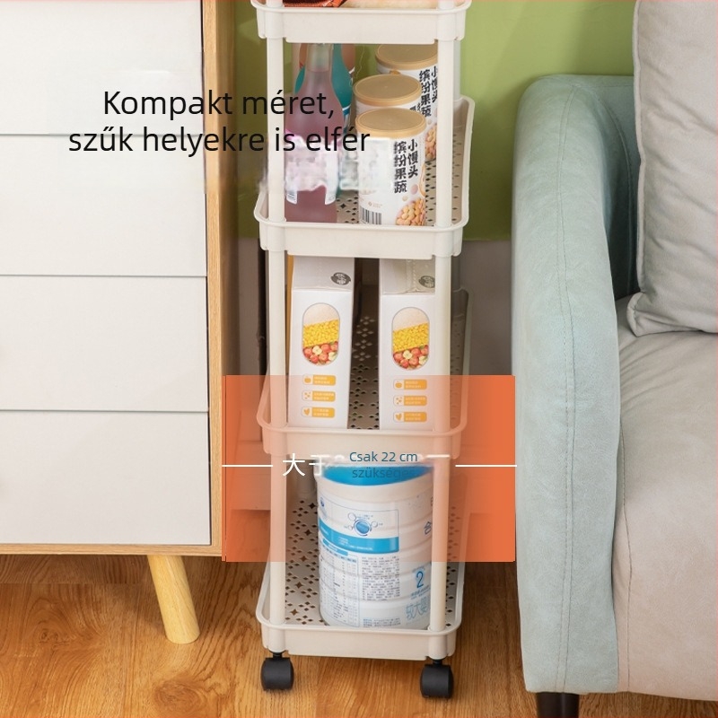Műanyagból készült, görgőkkel ellátott, padlóra álló tároló kocsi, konyhába, fürdőszobába és uzsonnák tárolására