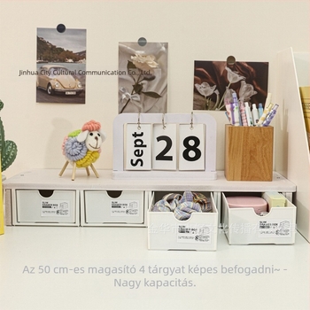Fehér, 2-szintes, mozgatható asztali emelő, fiókos kivitel, számítógép és kozmetikumok tárolására