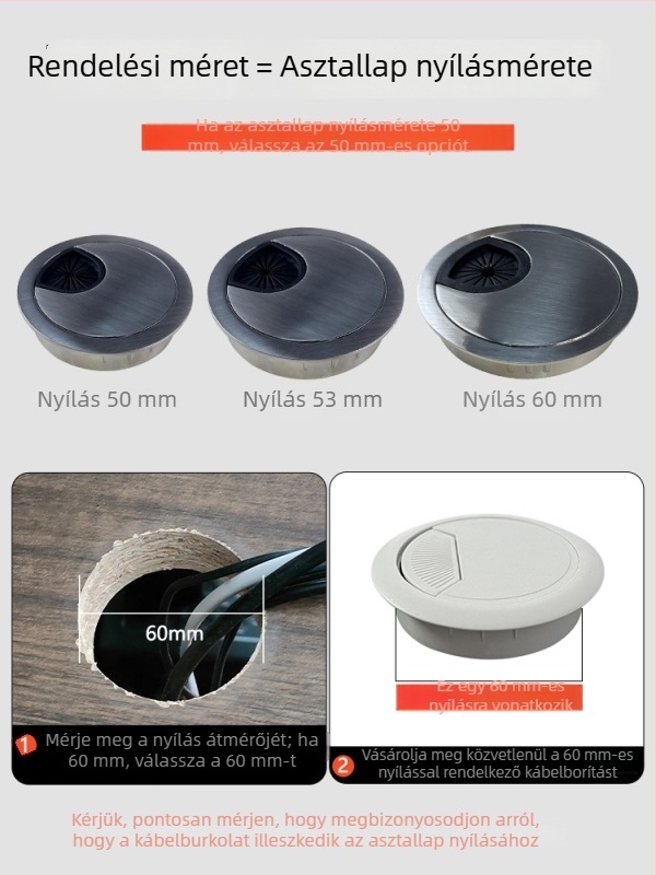 60 mm-es kábelnyílásfedél íróasztalokhoz, TV-szekrényekhez és konferenciatermekhez – dekoratív kábelkezelés