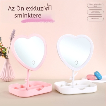 Szív alakú sminktükör LED világítással, asztali és hordozható, forgatható