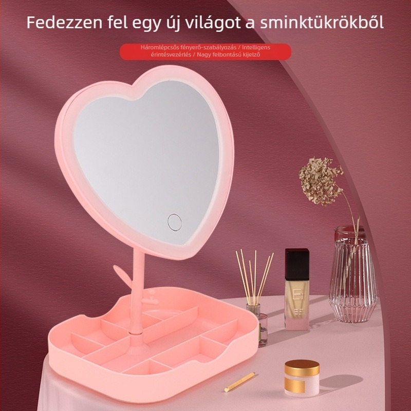 Szív alakú sminktükör LED világítással, asztali és hordozható, forgatható