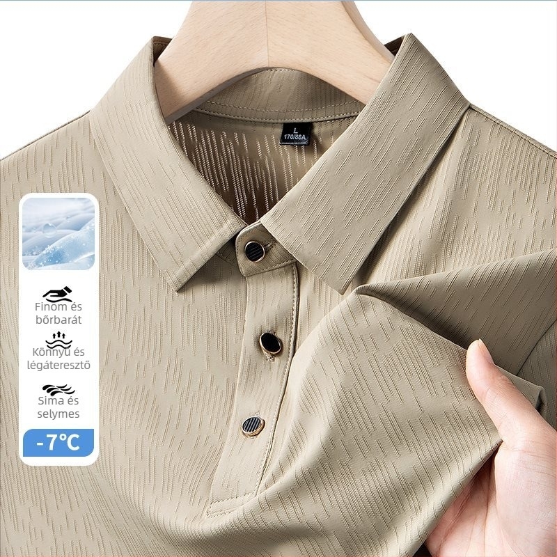 Férfiaknak tervezett ice silk póló rövid ujjú, nyári könnyű, csíkos, hímzett, lazán szabott