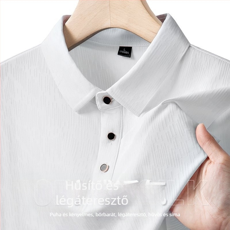 Férfiaknak tervezett ice silk póló rövid ujjú, nyári könnyű, csíkos, hímzett, lazán szabott