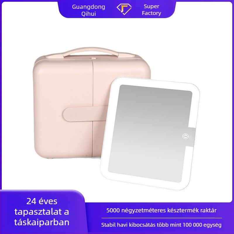 Nagy kapacitású, hordozható sminktáska nőknek, elkülönített rekeszekkel és LED-es tükörrel