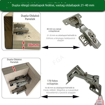 Kopáscsillapítós zsanér fából készült ajtókhoz, 40 mm oldallap, 170 mm ajtólap, nagy csap, furat nélküli szerelés, 36° szög, kettős zsanérfedél, rozsdamentes acél