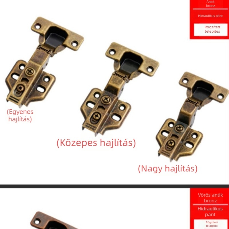 Antik bronz hidraulikus csillapító pánt szekrényekhez — egyenes rúd, közép- és nagy görbület, bútorhardver