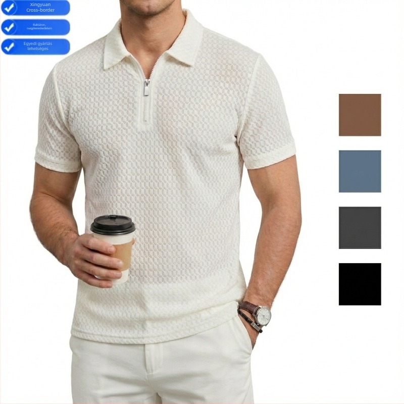Férfi nylon elasztikus galléros zipzáras rövid ujjú polo, kockás jacquard mintázat, sportos casual golf polo