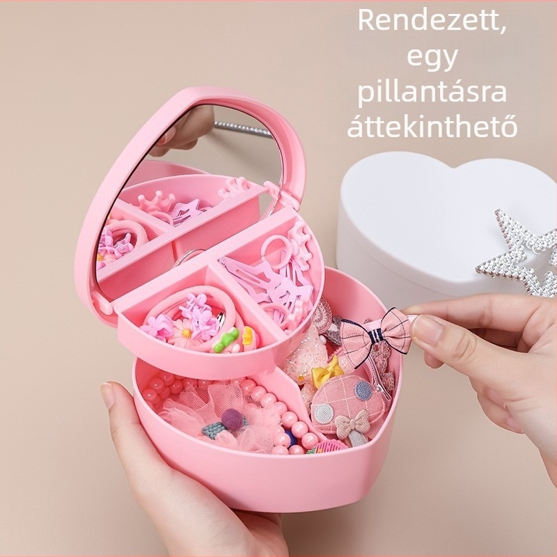 Rózsaszín szív alakú smink- és ékszertároló doboz kettős tükrös asztali használatra