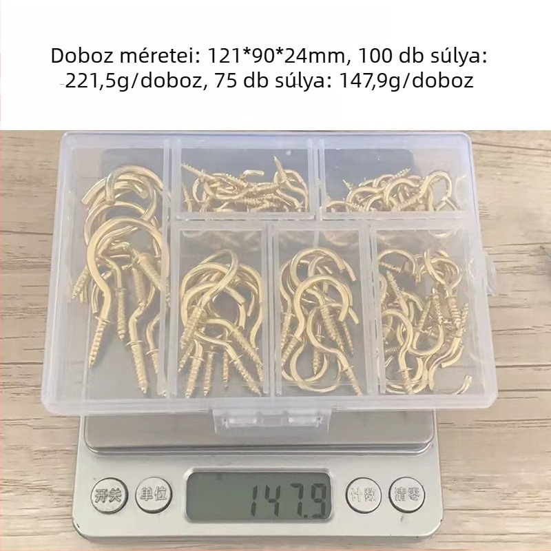 Csavarozható pohárhorgok készlet szekrényekhez, dobozos csomagolásban, 110/75 db, 6 méret, 3 szín, professzionális horogkészlet