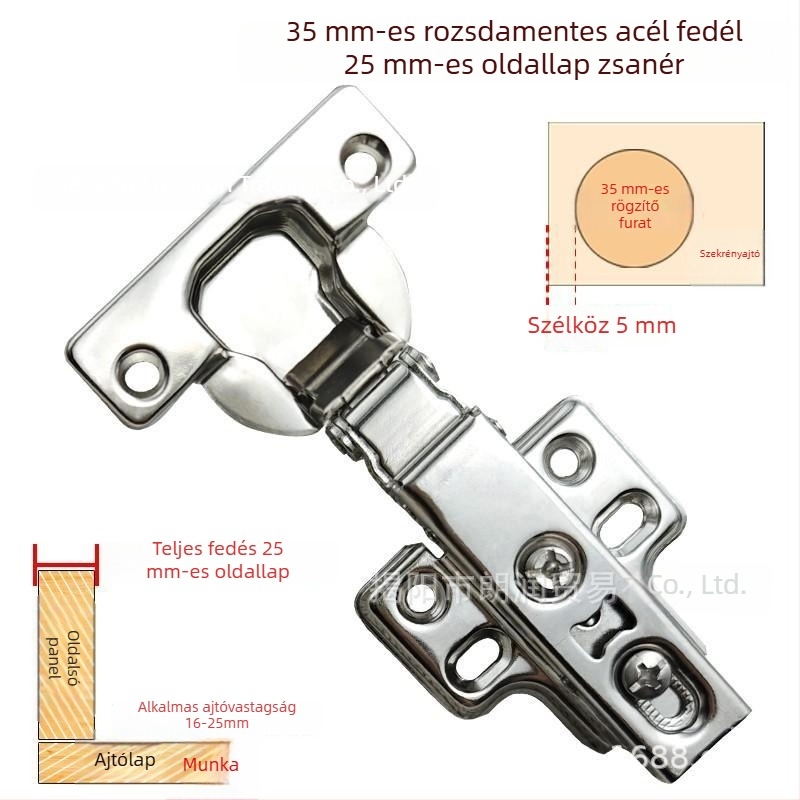 Rozsdamentes acélból készült, 35 mm vastagságú ajtókhoz való pánt – hidraulikus, egyenes karú, közép- és nagy görbület; teljes, részleges vagy fedetlen fedés.