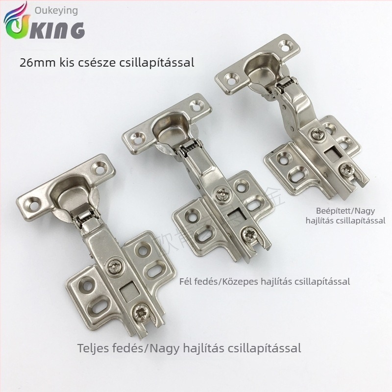 26 mm-es nyitású pánt hidraulikus csillapítóval, mini szekrényajtó, keskeny ajtókeret, nagy ívelt pánt