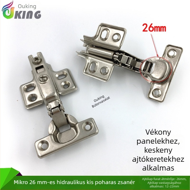 26 mm-es nyitású pánt hidraulikus csillapítóval, mini szekrényajtó, keskeny ajtókeret, nagy ívelt pánt