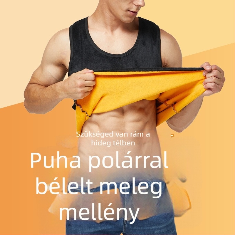 Férfi arany bársony fleecével bélelt melegítő mellény, ujj nélküli, kerek nyakú, téli alapréteg