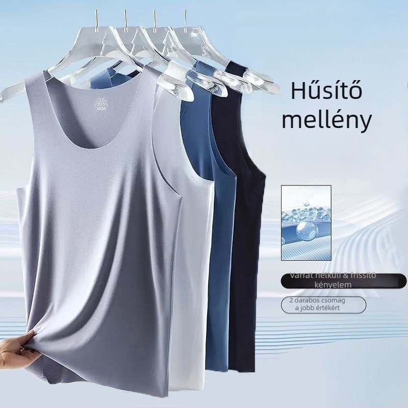 Férfi ice silk seamless ujjatlan felső, kerek nyakú, slim fit, sportos stílus, magas rugalmasság, nyár