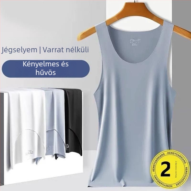 Férfi ice silk seamless ujjatlan felső, kerek nyakú, slim fit, sportos stílus, magas rugalmasság, nyár