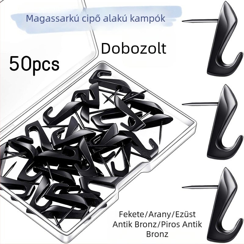 50 darab fém magas sarkú cipő mintázatú kapcsos tű, dobozos készlet falidíszekhez és képek felakasztásához