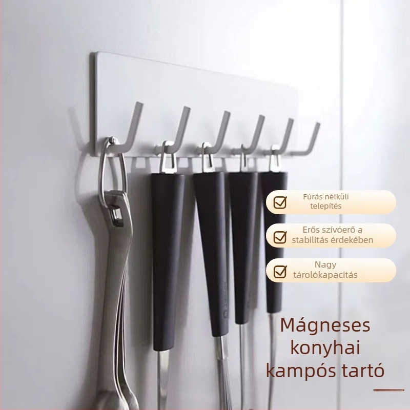 Mágneses kampó a hűtő oldalához, fúrás nélkül, több soros, modern, egyszerű konyhai szervező (max 1–3 kg)