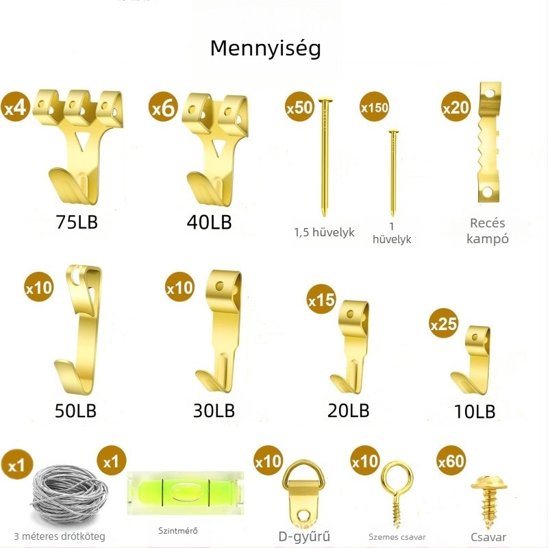 372 darabos nehéz terhelésű kép- és tükörakasztó készlet szegekkel és recézett élekkel