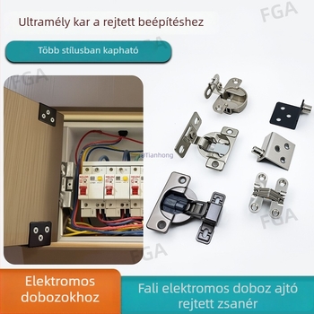 Elektromos szekrény ajtó rejtett pántja, falra szerelhető, keskeny oldalsó panel, ultrakrövid kar, csillapító