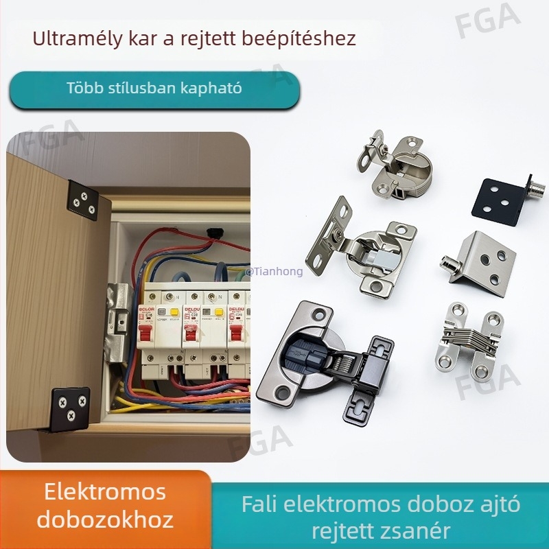 Elektromos szekrény ajtó rejtett pántja, falra szerelhető, keskeny oldalsó panel, ultrakrövid kar, csillapító