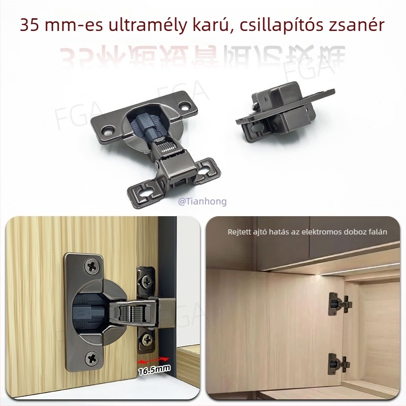 Elektromos szekrény ajtó rejtett pántja, falra szerelhető, keskeny oldalsó panel, ultrakrövid kar, csillapító