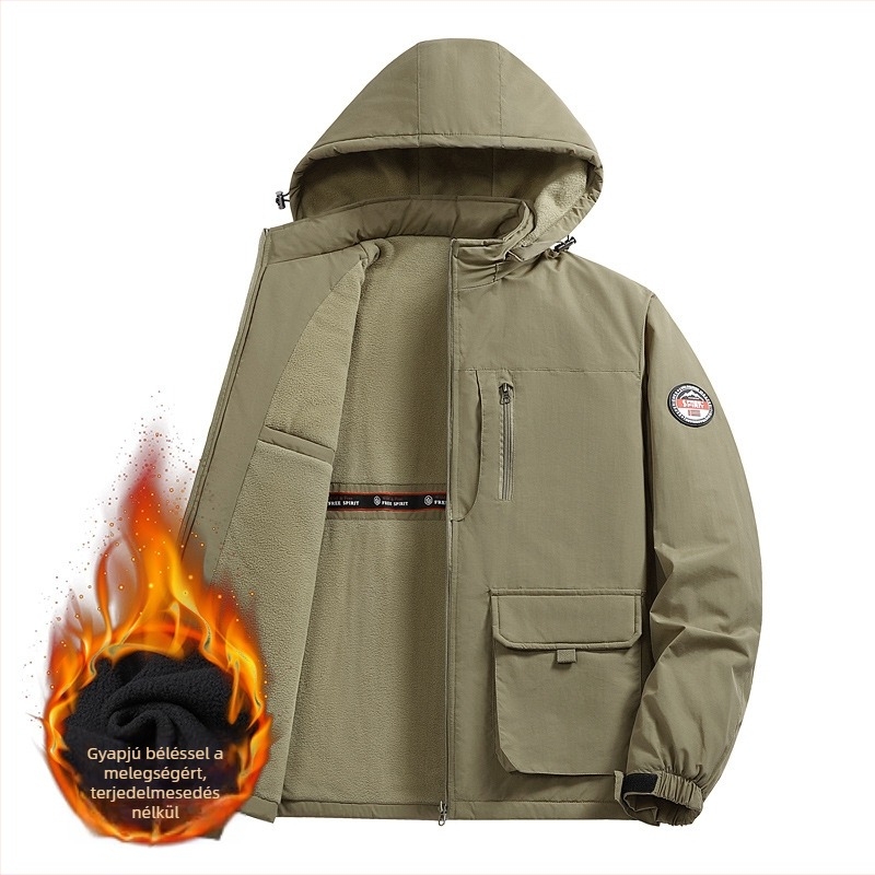 M-8XL plusz méret téli kabát fleece béléssel, férfi hétköznapi dzseki gallérral