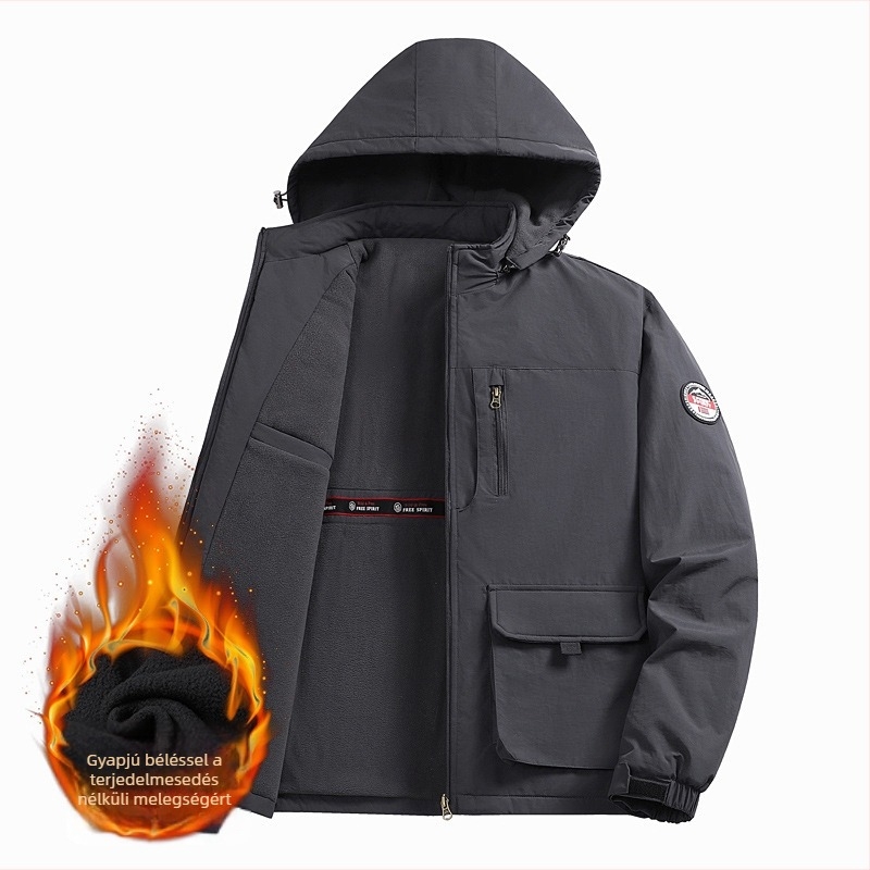 M-8XL plusz méret téli kabát fleece béléssel, férfi hétköznapi dzseki gallérral