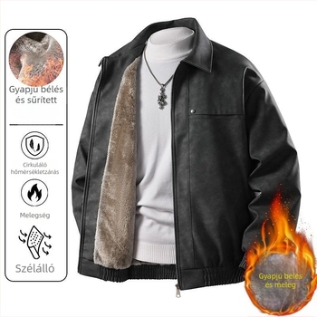 Férfi bőrdzseki fleece béléssel, meleg, szélvédett, hétköznapi stílus, új modell