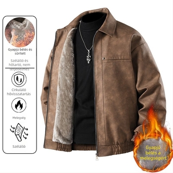 Férfi bőrdzseki fleece béléssel, meleg, szélvédett, hétköznapi stílus, új modell