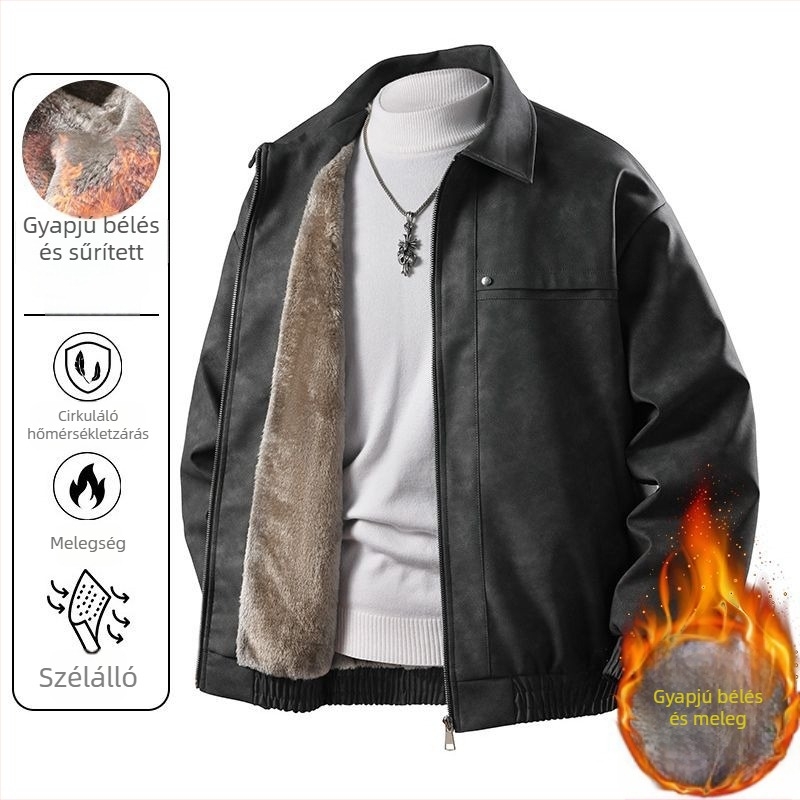Férfi bőrdzseki fleece béléssel, meleg, szélvédett, hétköznapi stílus, új modell